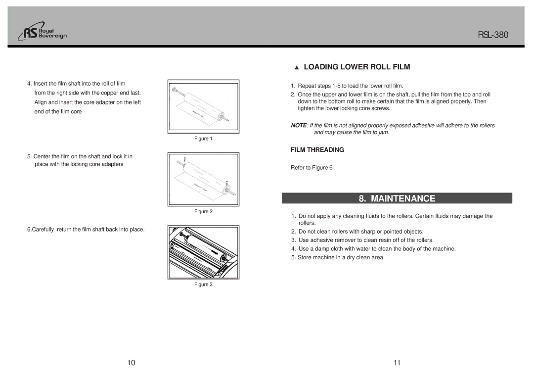 Royal Sovereign RSL-380 owner manual Maintenance, Loading Lower Roll Film 