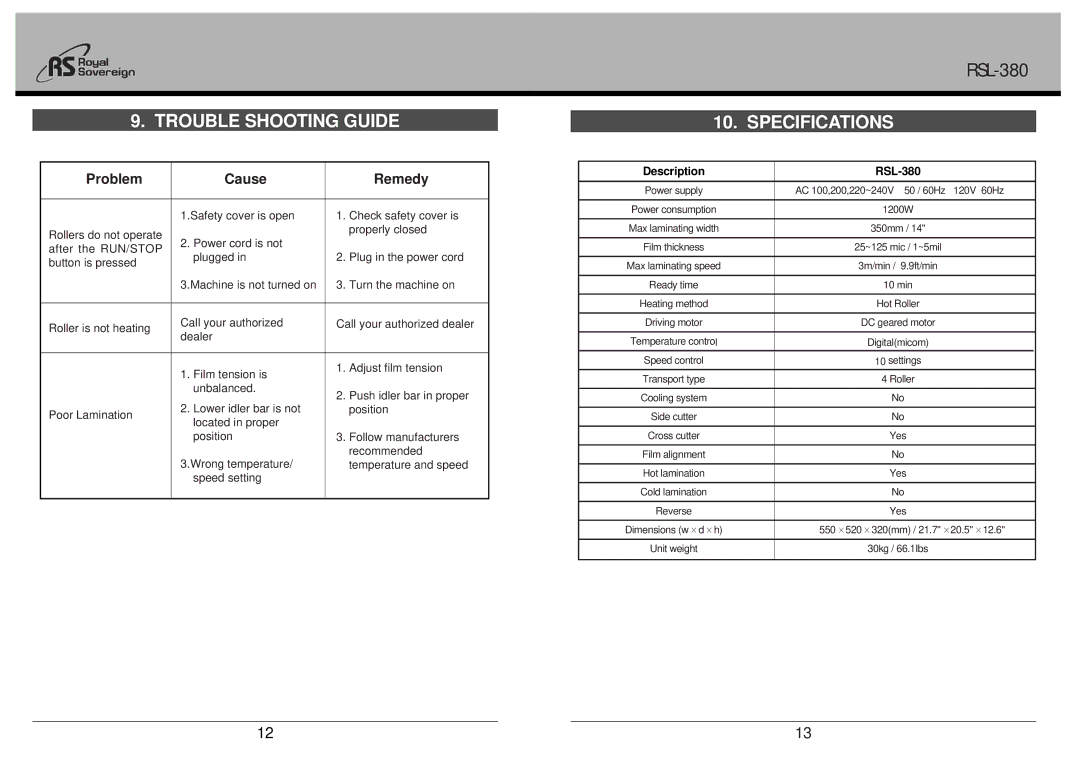 Royal Sovereign RSL-380 owner manual Trouble Shooting Guide, Specifications, Description 