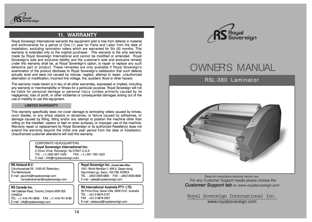 Royal Sovereign RSL-380 owner manual Limited Warranty, Royal Sovereign International Inc, Owners Manual 