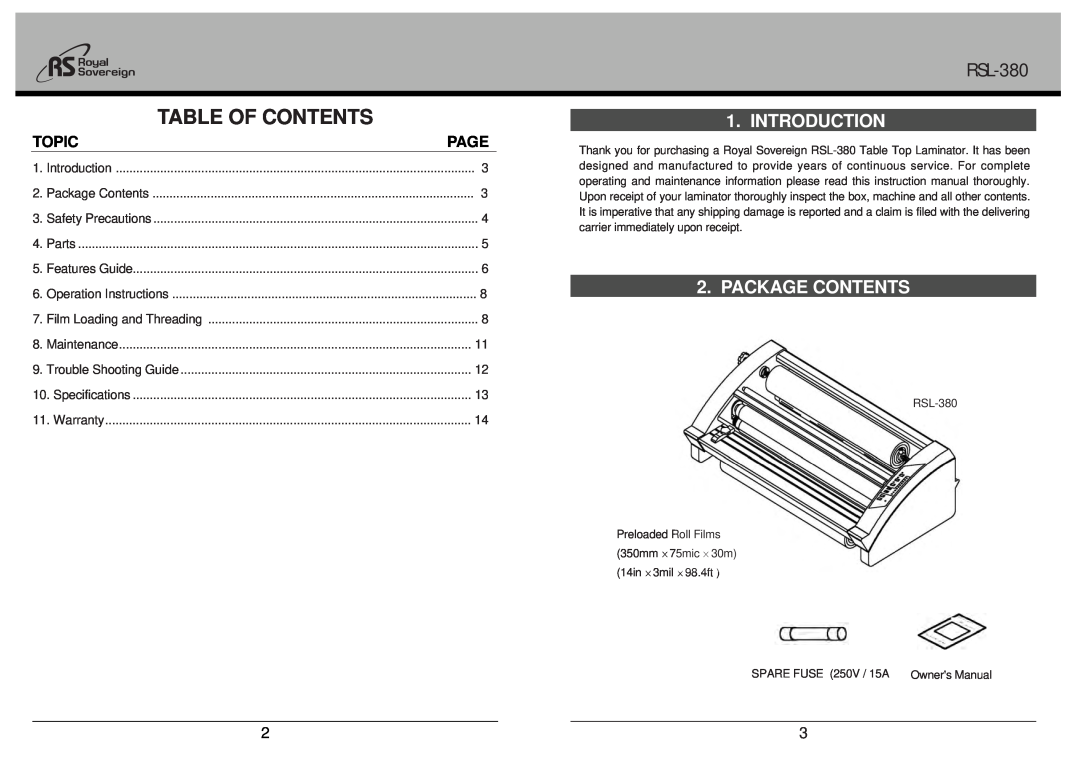 Royal Sovereign RSL-380 owner manual Introduction, Package Contents, Topic, Page, Table Of Contents 