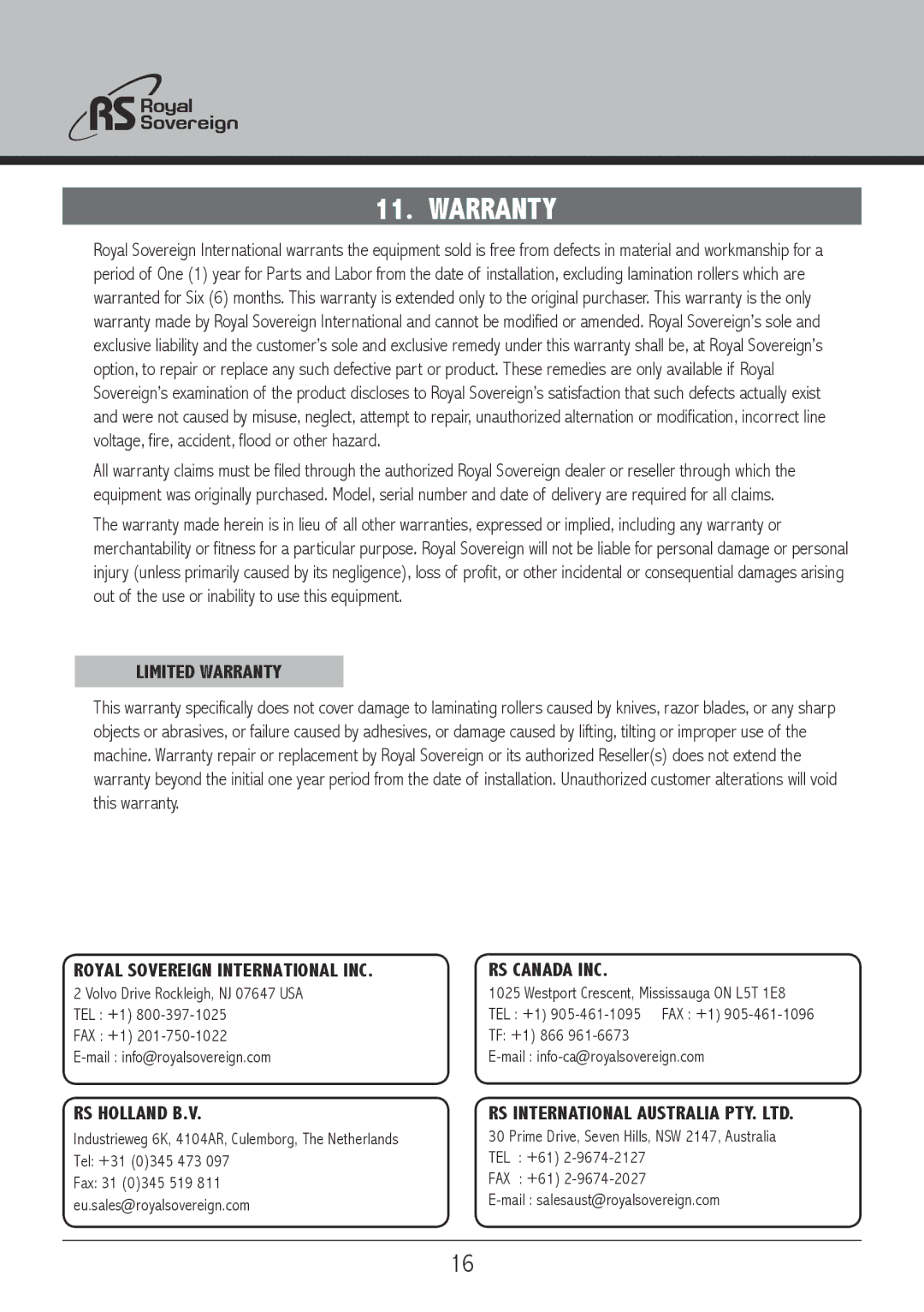 Royal Sovereign RSL2701S, RSL2701U owner manual Limited Warranty 