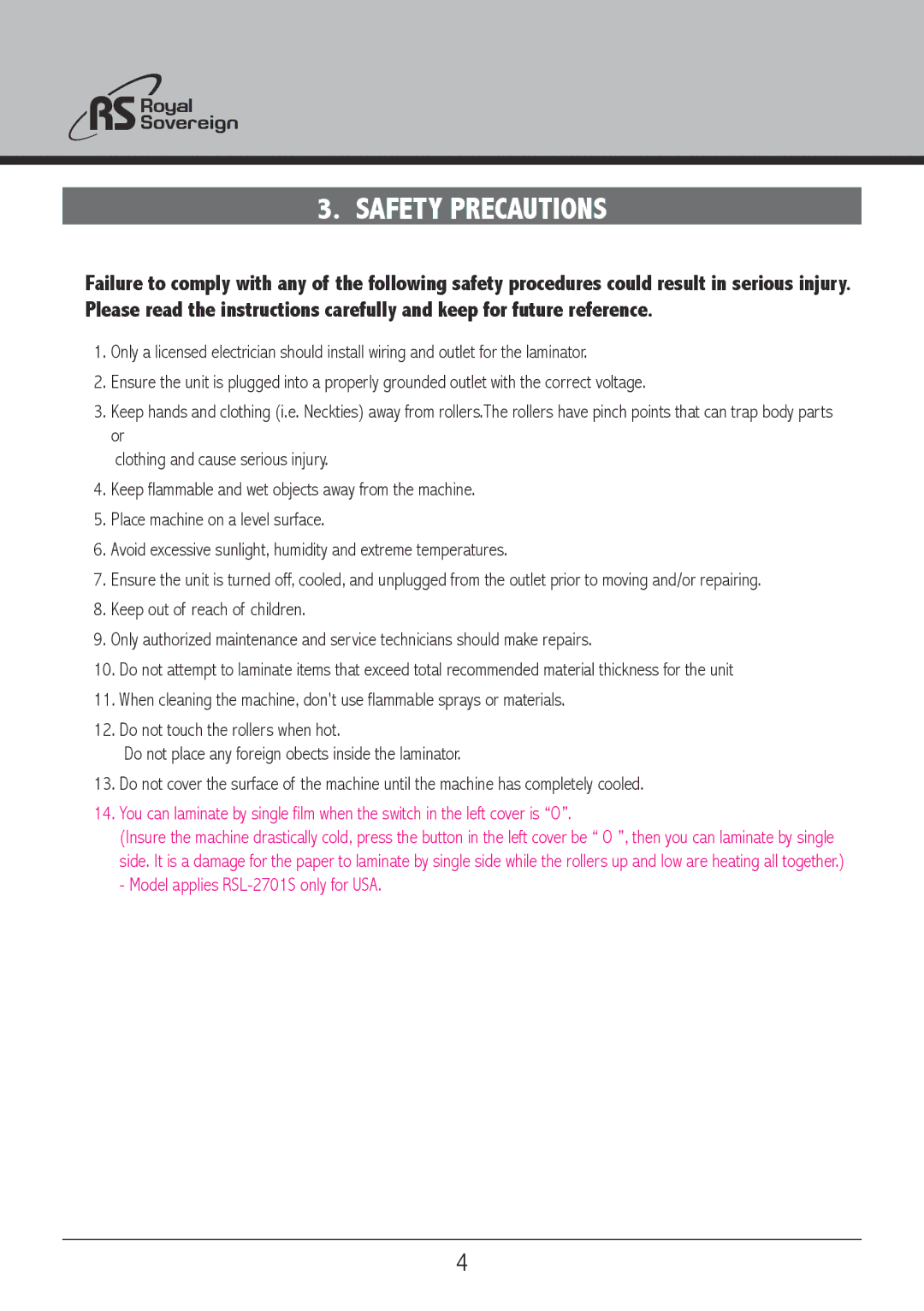 Royal Sovereign RSL2701S, RSL2701U owner manual Safety Precautions 