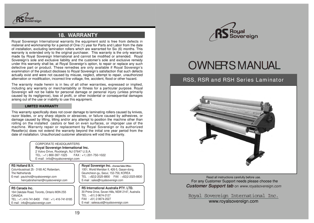 Royal Sovereign RSH-1650, RSR Series, RSS Series, RSS-1050N, RSS-685N, RSR-1050, RSH Series owner manual Limited Warranty 