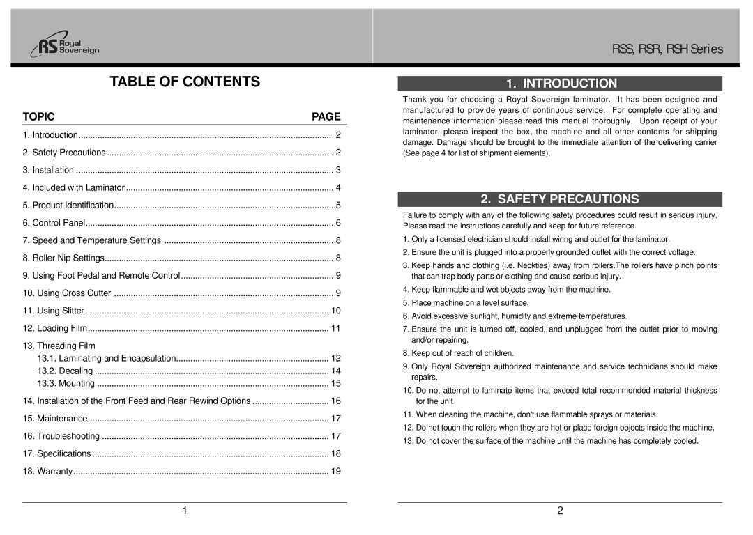 Royal Sovereign RSS Series, RSR Series, RSH-1650, RSS-1050N, RSS-685N, RSR-1050, RSH Series owner manual Table of Contents 