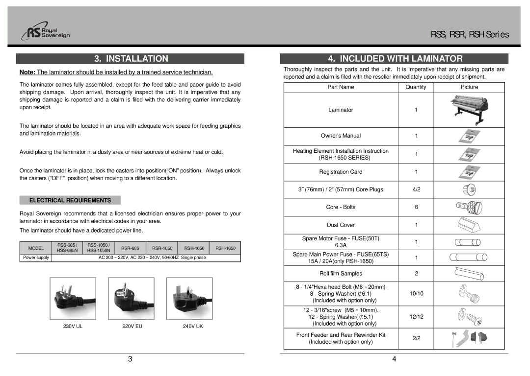 Royal Sovereign RSS-1050N, RSR Series, RSH-1650, RSS Series Installation, Included with Laminator, Electrical Requirements 