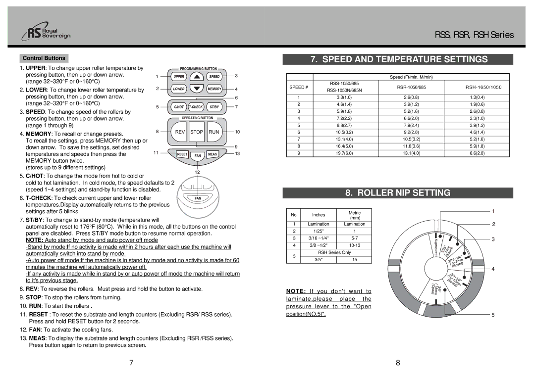 Royal Sovereign RSR-1050, RSR Series, RSH-1650, RSS-685N Speed and Temperature Settings, Roller NIP Setting, Control Buttons 