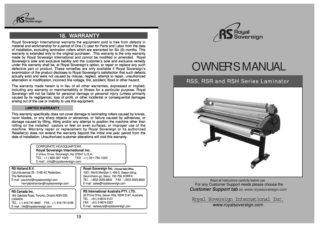 Royal Sovereign RSH-1650, RSS-1050N owner manual Warranty, For any Customer Support needs please choose the, Owners Manual 