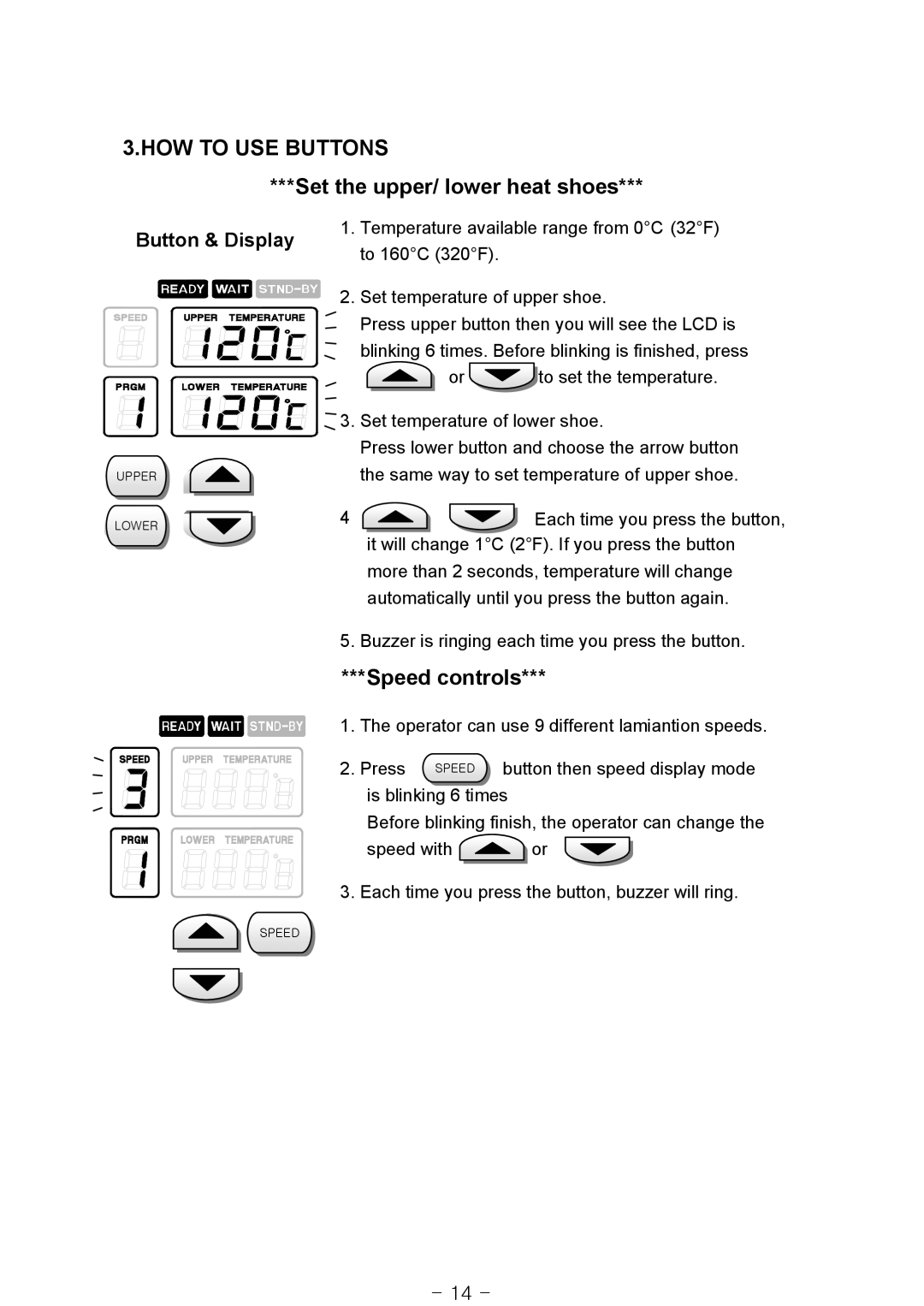 Royal Sovereign RSS-685, RSS-1050 HOW to USE Buttons, Set the upper/ lower heat shoes, Speed controls, Button & Display 