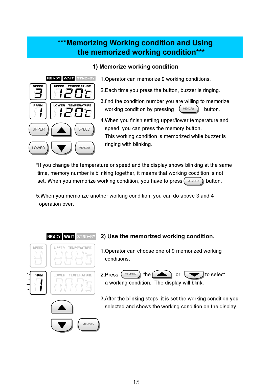 Royal Sovereign RSS-1050, RSS-1200, RSS-685 owner manual Memorize working condition, Use the memorized working condition 