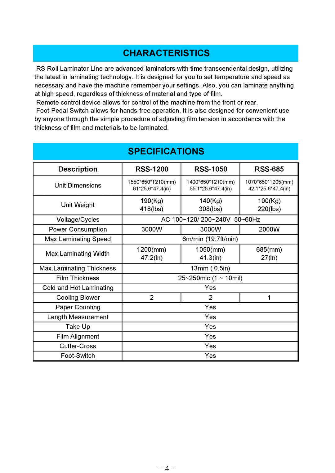 Royal Sovereign owner manual Characteristics, Specifications, Description RSS-1200 RSS-1050 RSS-685 