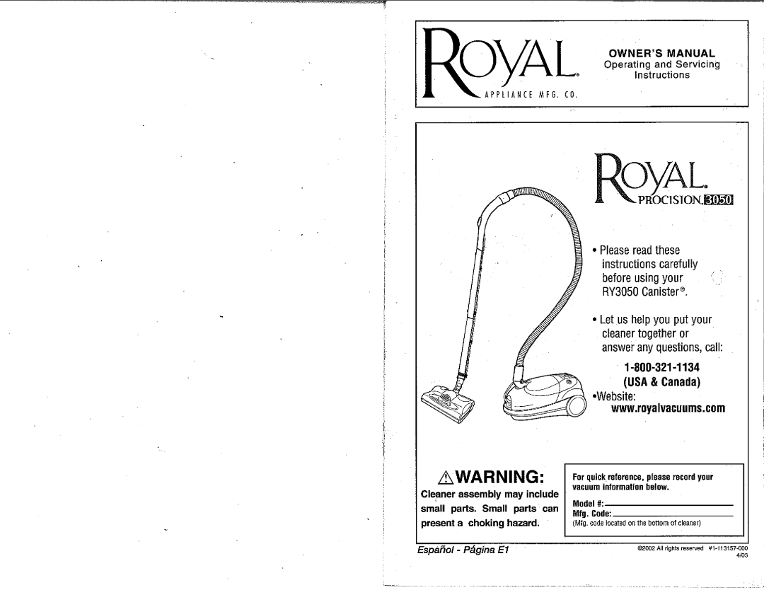 Royal Vacuums RY3050 manual 