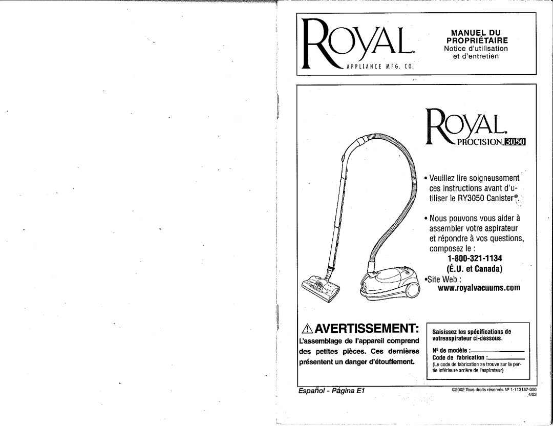 Royal Vacuums RY3050 manual 