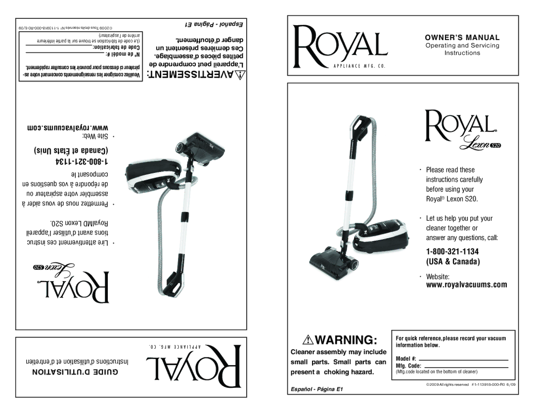 Royal Vacuums S20 owner manual Le composant, Ou aspirateur votre assembler, Operating and Servicing Instructions 