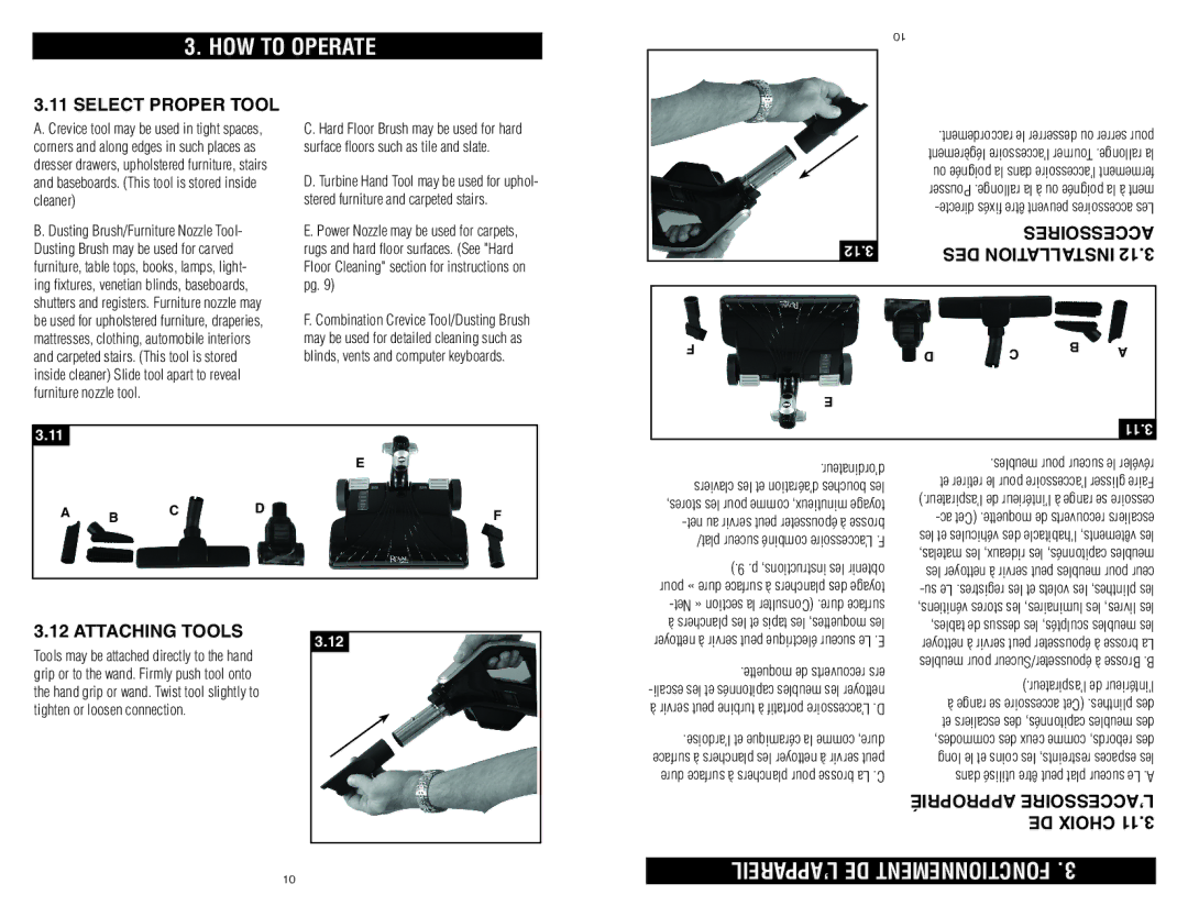 Royal Vacuums S20 owner manual Select Proper Tool, Accessoires DES Installation, Approprié L’ACCESSOIRE DE Choix 