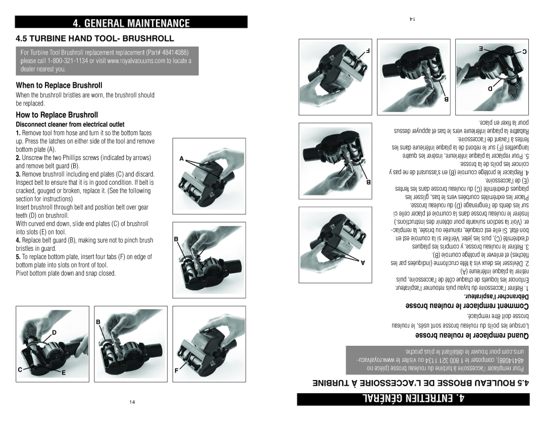 Royal Vacuums S20 owner manual Turbine Hand TOOL- Brushroll, When to Replace Brushroll, How to Replace Brushroll 