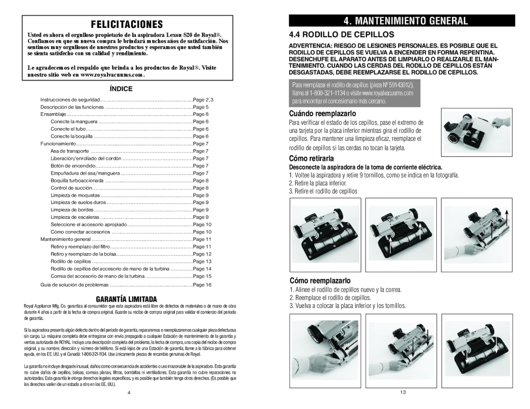 Royal Vacuums S20 Rodillo DE Cepillos, Cuándo reemplazarlo, Cómo retirarla, Cómo reemplazarlo, Garantía Limitada 