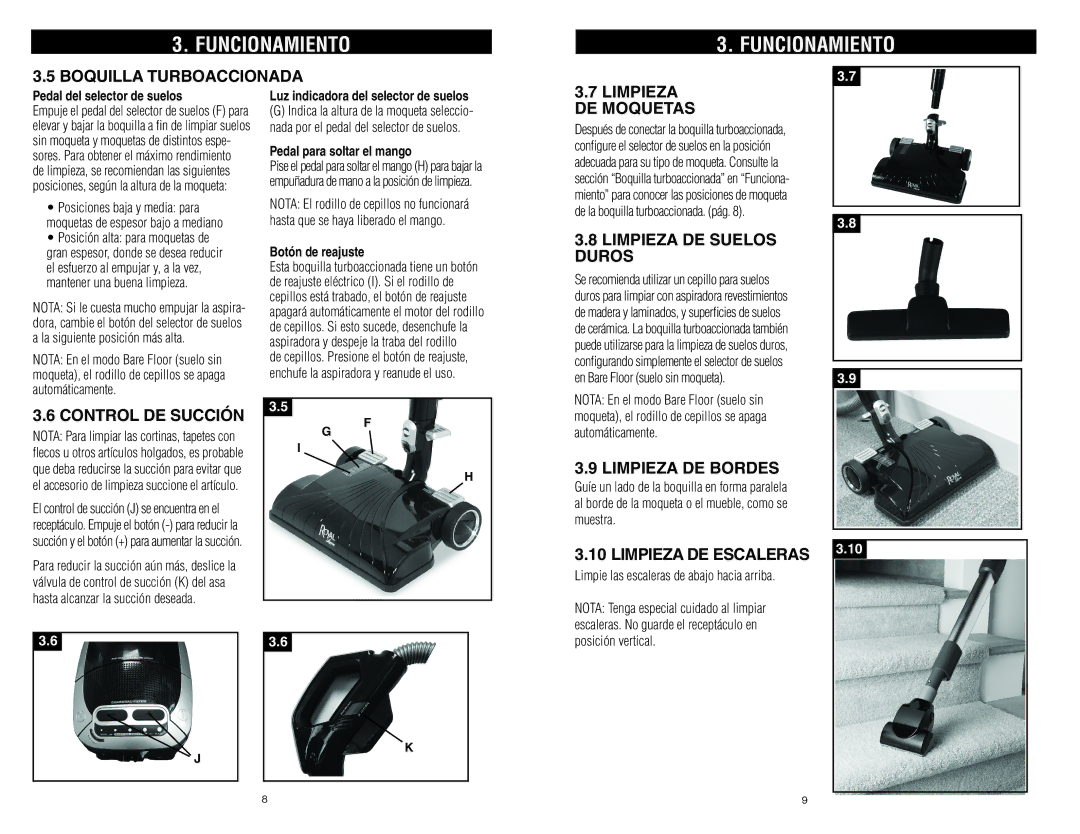 Royal Vacuums S20 owner manual Boquilla Turboaccionada, Limpieza DE Moquetas, Limpieza DE Suelos Duros, Control DE Succión 