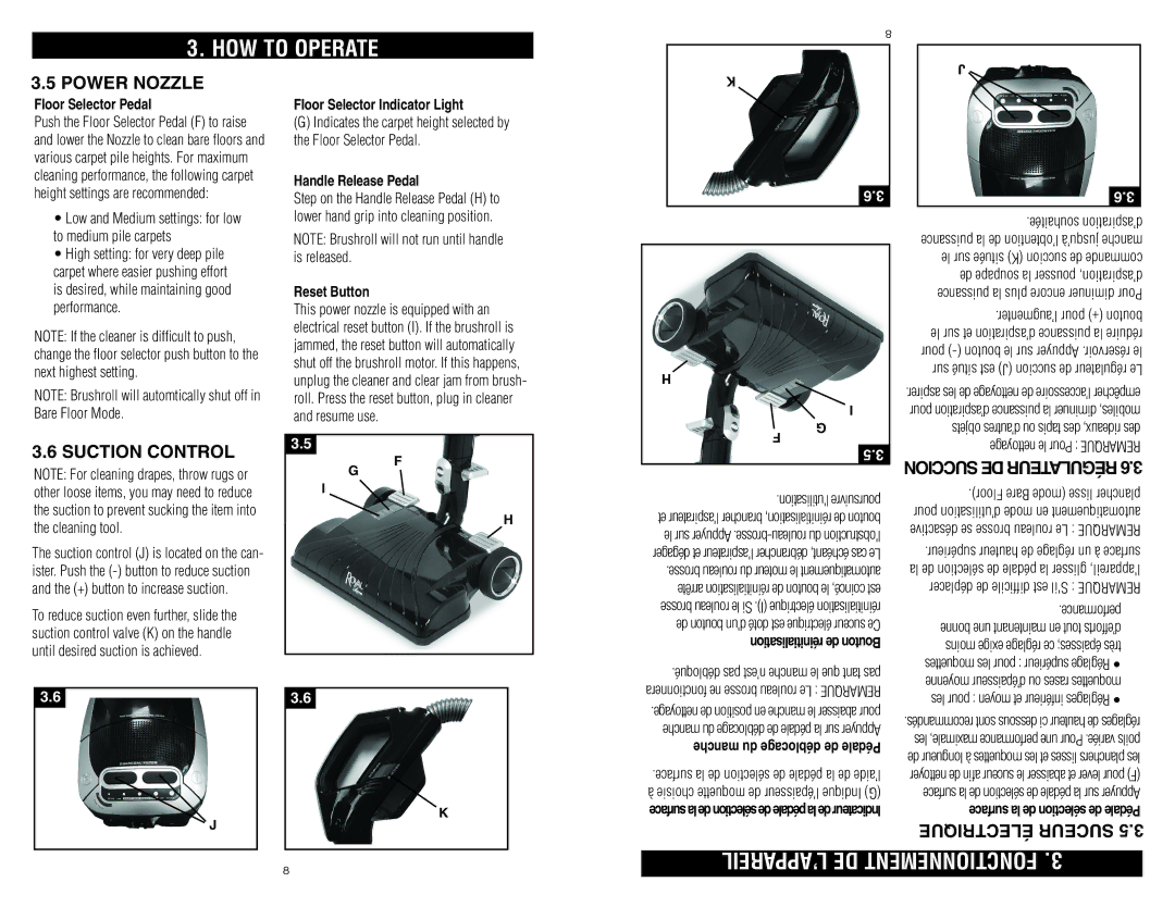 Royal Vacuums S20 owner manual Power Nozzle, Suction Control, Électrique Suceur, Succion DE Régulateur 