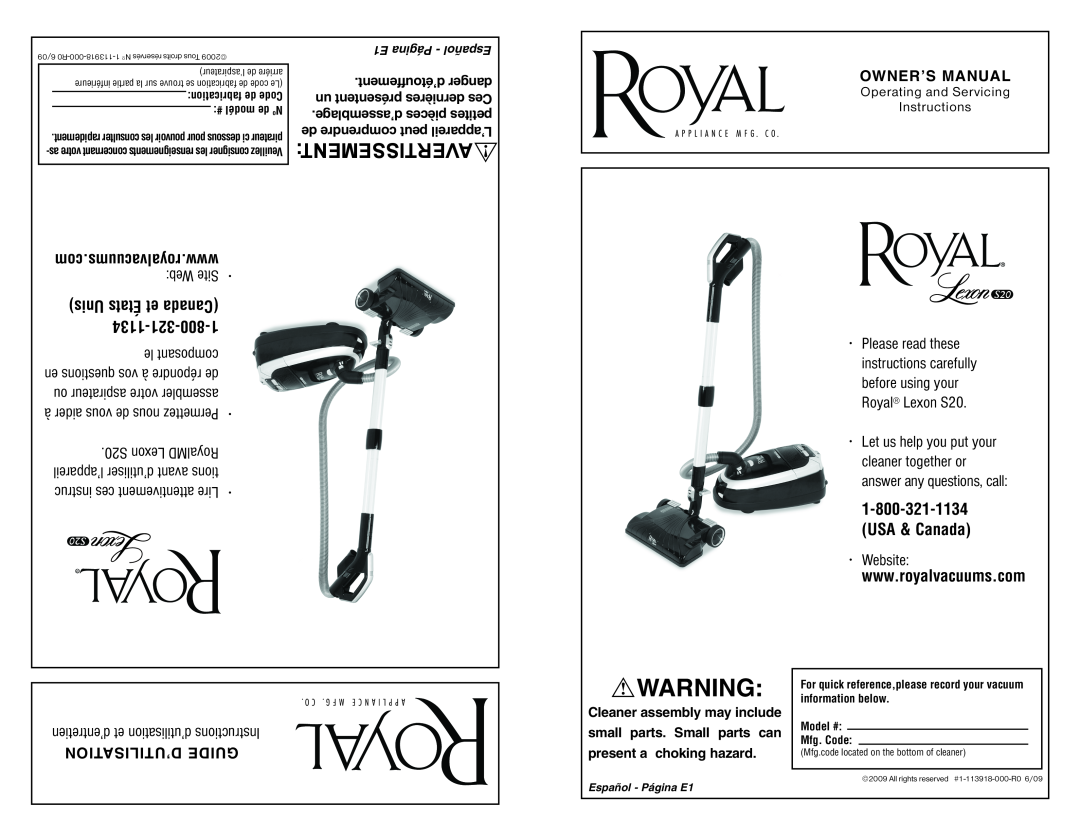 Royal Vacuums S20 owner manual Avertissement, com.royalvacuums.www, Web Site, Unis États et Canada, le composant 