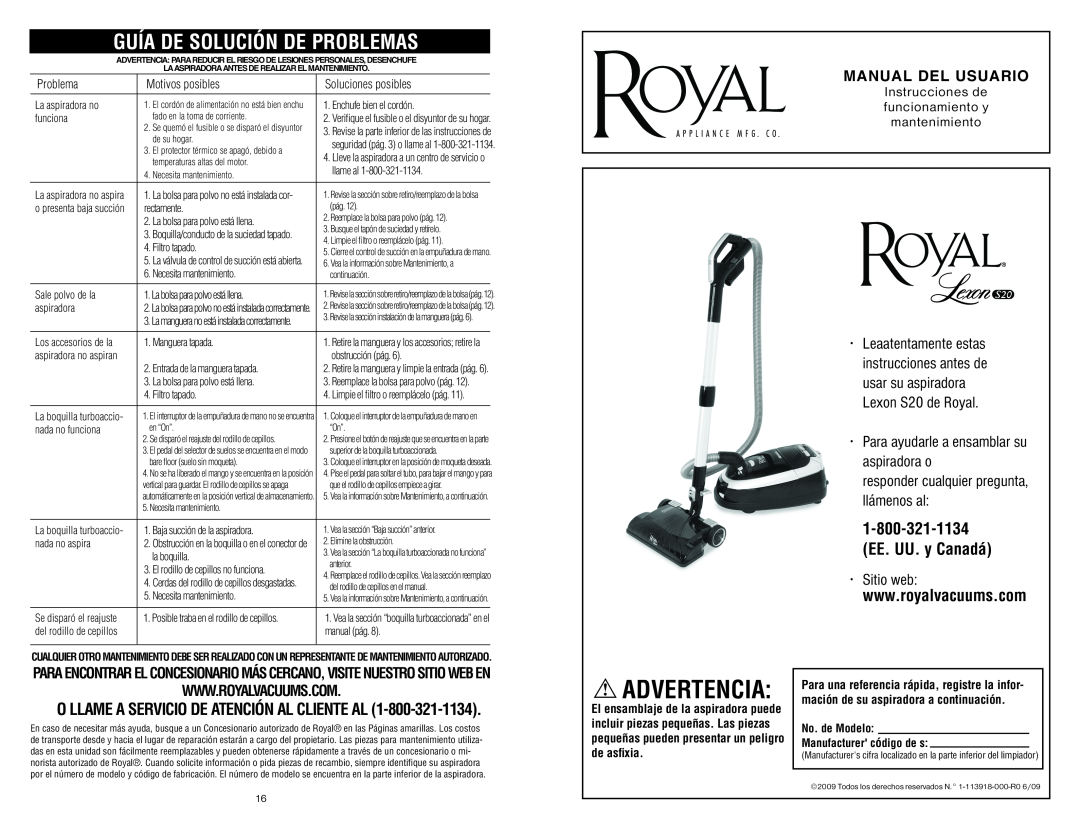 Royal Vacuums S20 Guía De Solución De Problemas, Advertencia, Manual Del Usuario, Motivos posibles, Soluciones posibles 