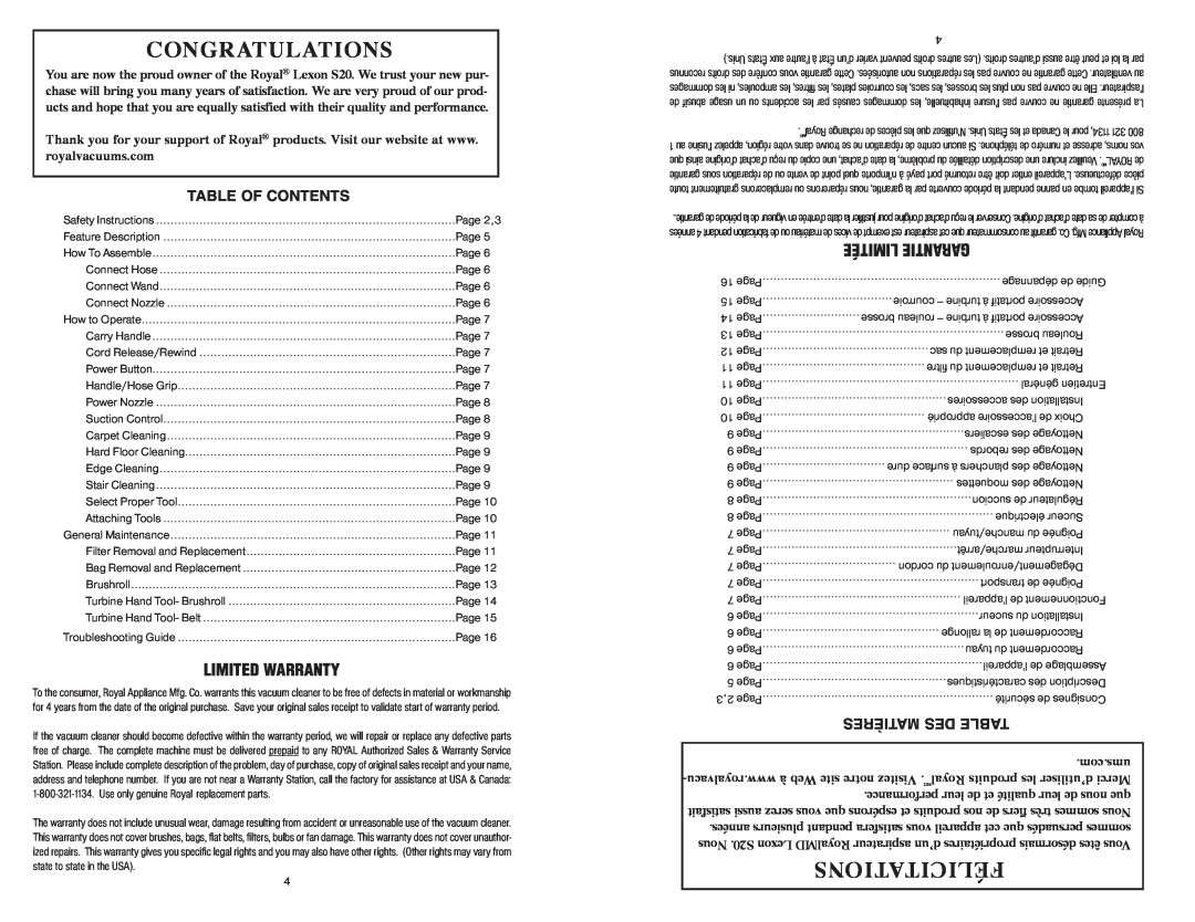 Royal Vacuums S20 owner manual Congratulations, Félicitations, Limited Warranty, Limitée Garantie, Table Of Contents 