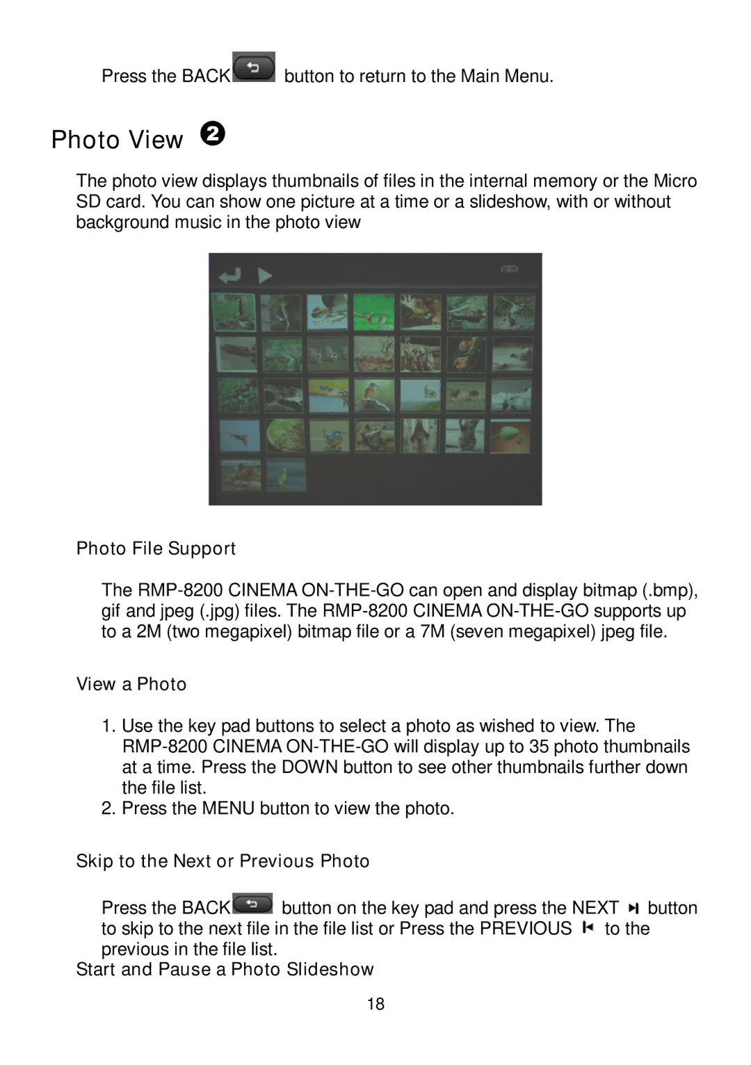 RoyalTek RMP-8200 user manual Photo View, Photo File Support, View a Photo, Skip to the Next or Previous Photo 