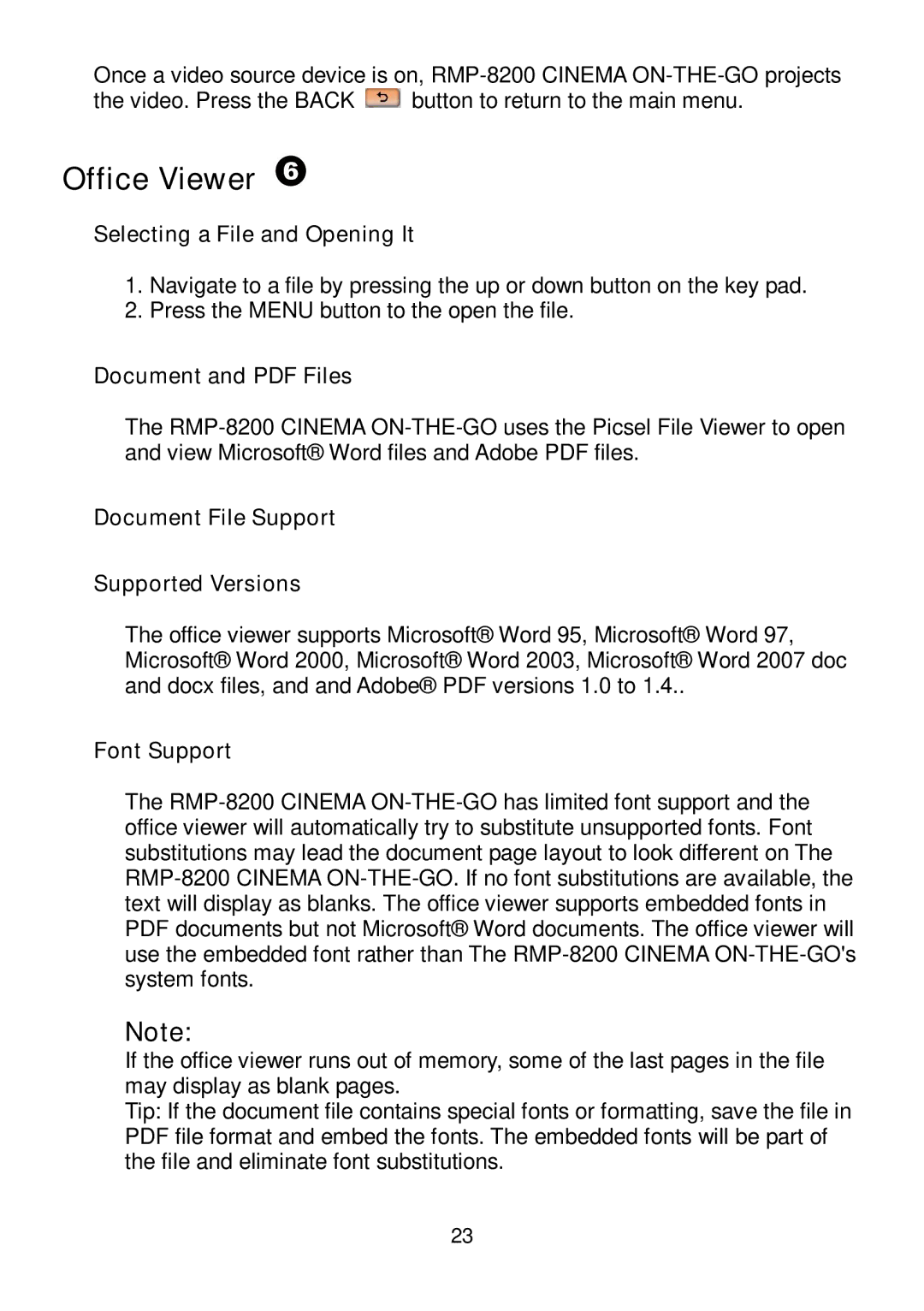 RoyalTek RMP-8200 Office Viewer, Selecting a File and Opening It, Document File Support Supported Versions Font Support 