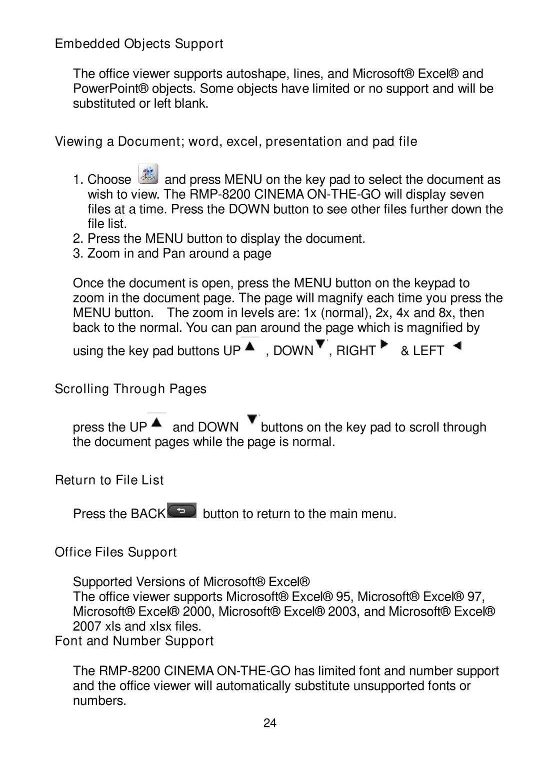 RoyalTek RMP-8200 user manual Embedded Objects Support, Viewing a Document word, excel, presentation and pad file 