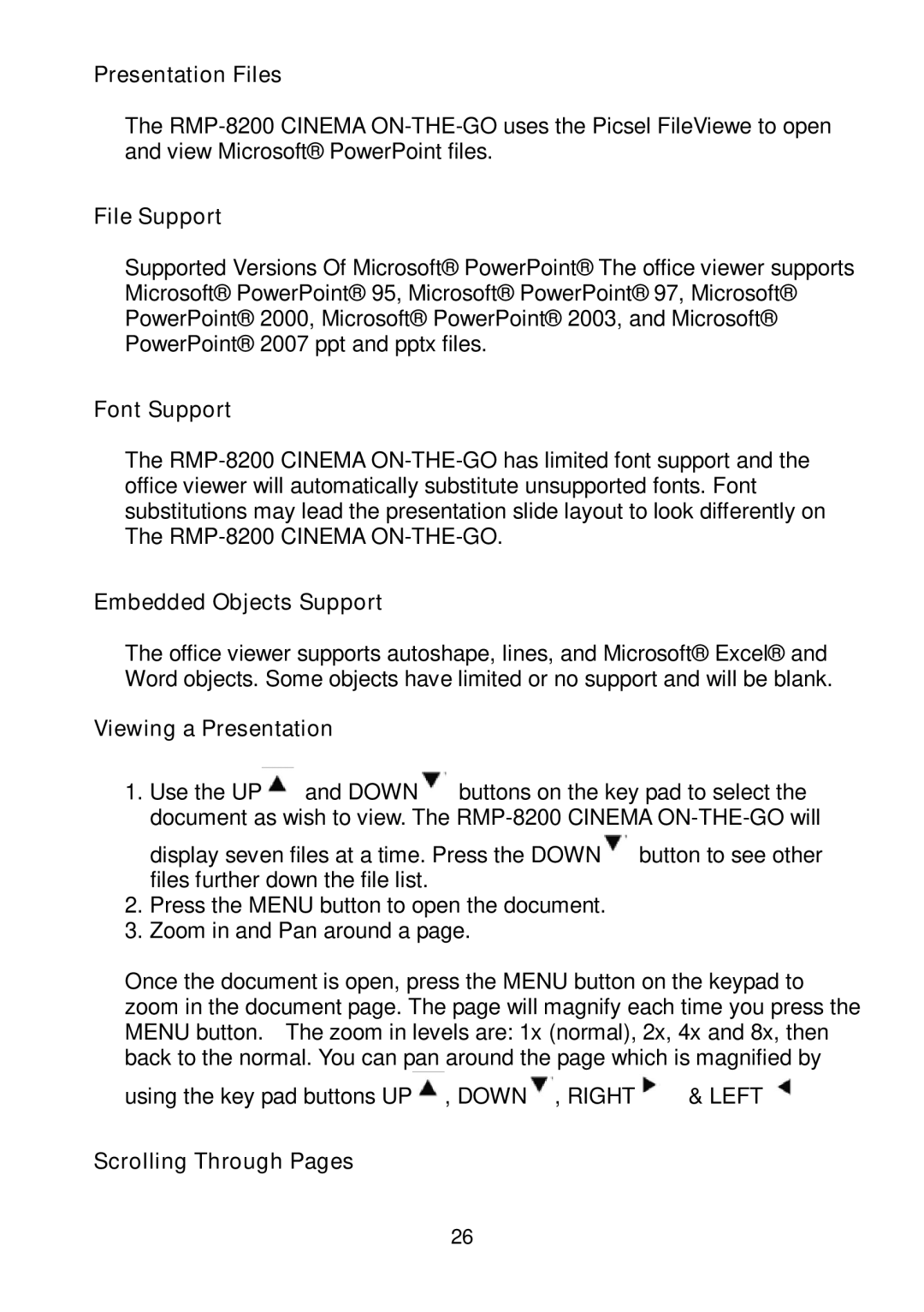 RoyalTek RMP-8200 user manual Presentation Files, File Support, Viewing a Presentation 