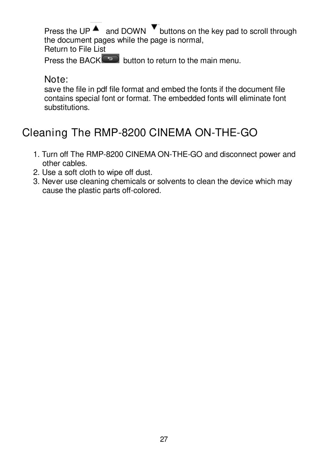 RoyalTek user manual Cleaning The RMP-8200 Cinema ON-THE-GO 