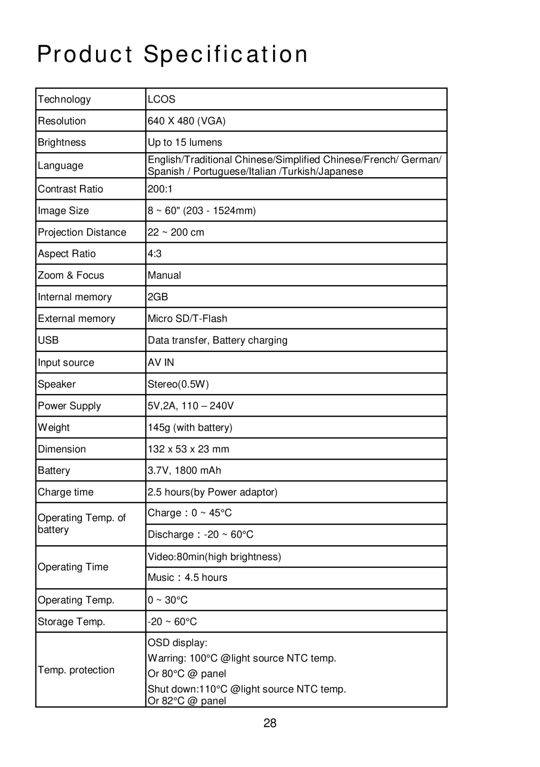 RoyalTek RMP-8200 user manual Product Specification, Lcos 