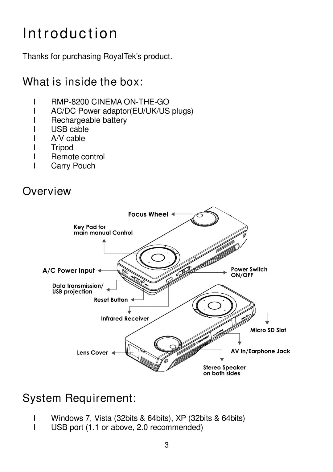 RoyalTek RMP-8200 user manual Introduction, What is inside the box, Overview System Requirement 