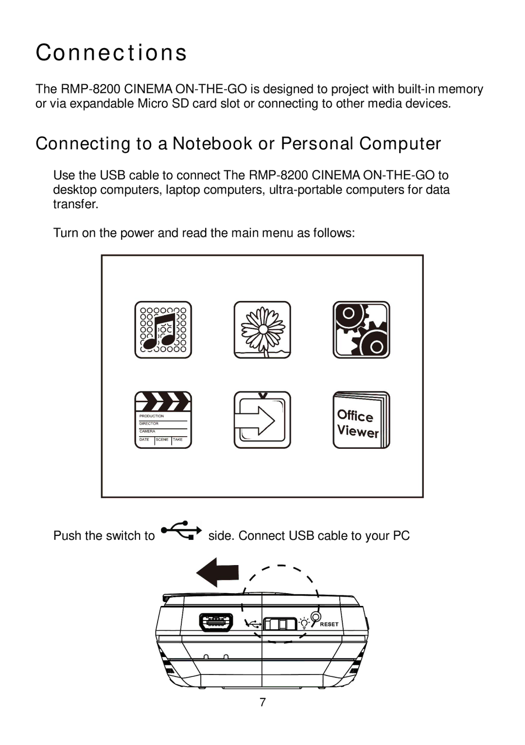 RoyalTek RMP-8200 user manual Connections, Connecting to a Notebook or Personal Computer 