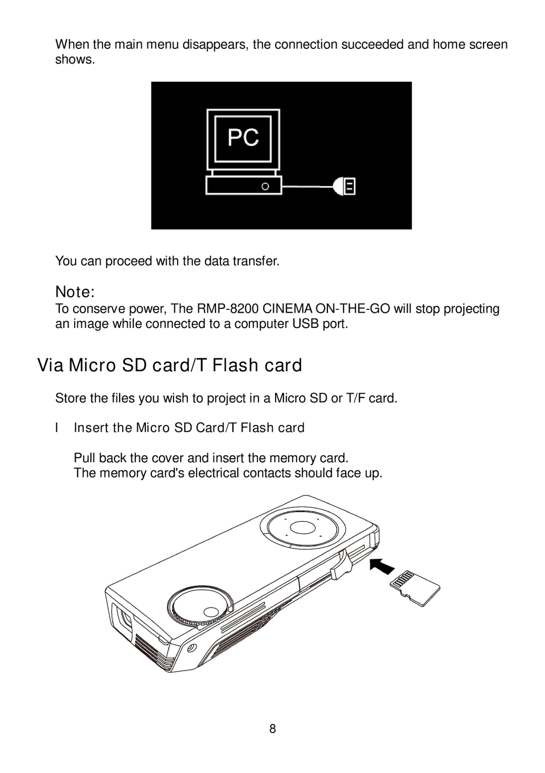 RoyalTek RMP-8200 user manual Via Micro SD card/T Flash card, Insert the Micro SD Card/T Flash card 