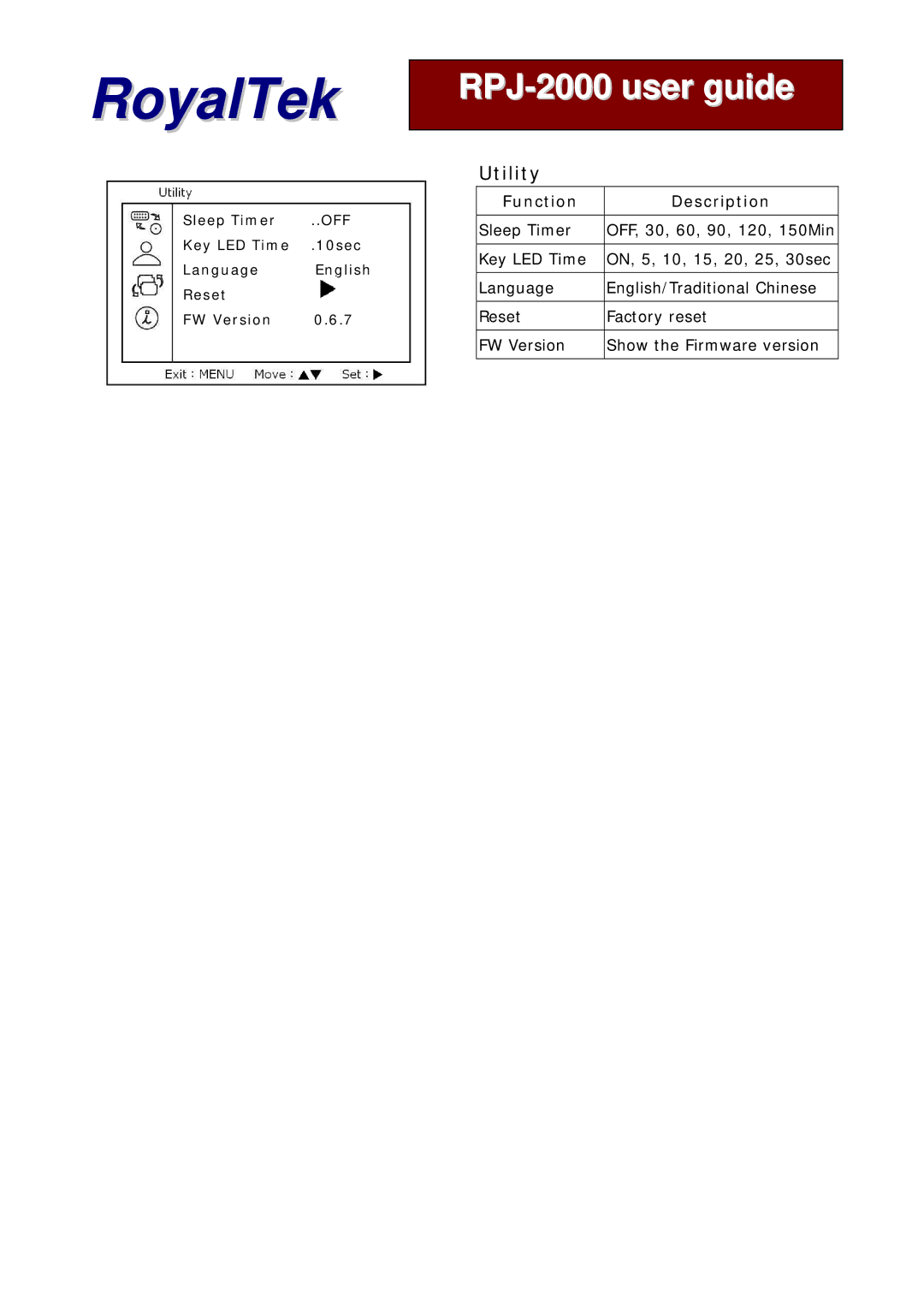 RoyalTek RPJ-2000 manual Key LED Time 10sec Language English Reset FW Version 