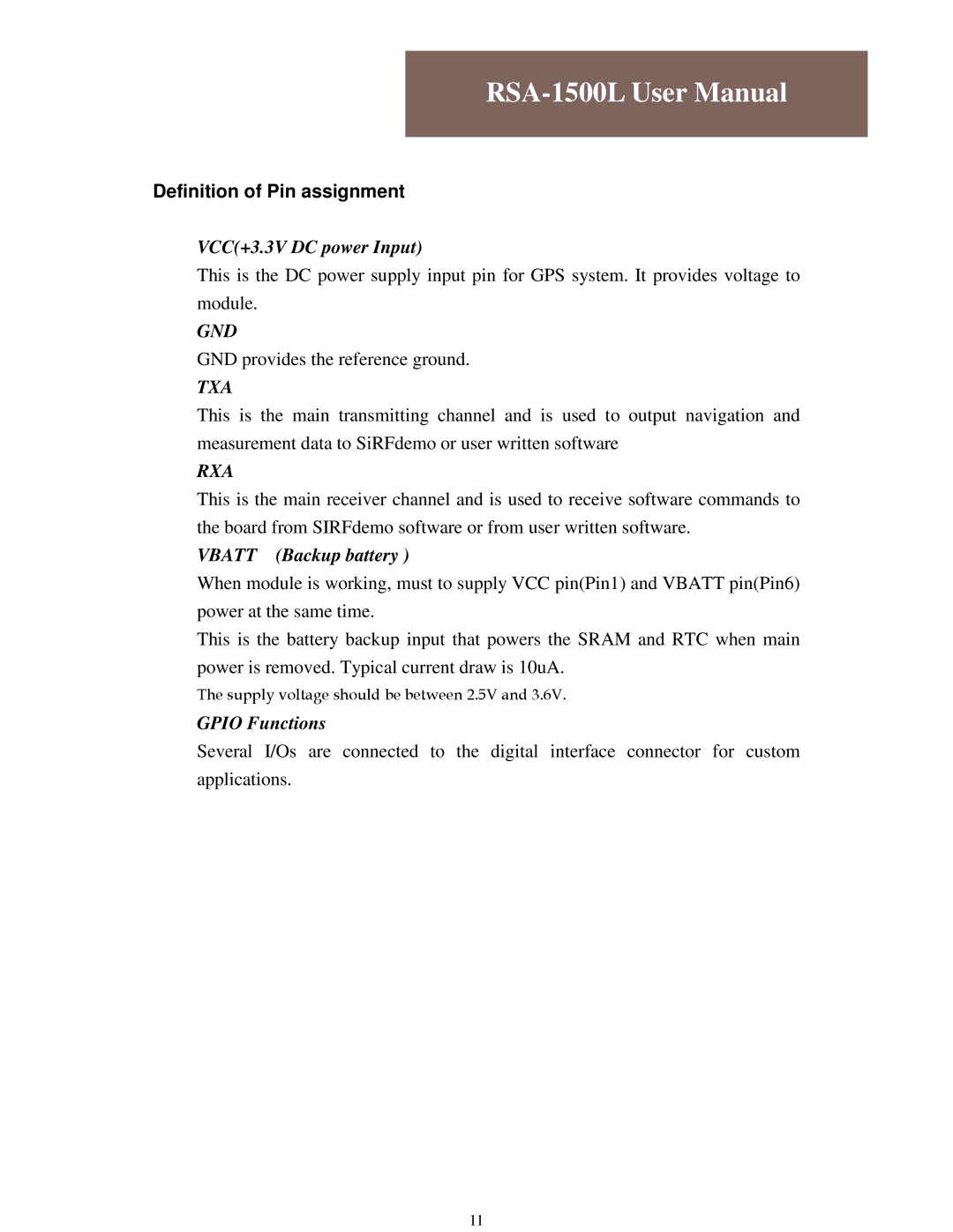 RoyalTek RSA-1500L user manual Definition of Pin assignment, Txa 