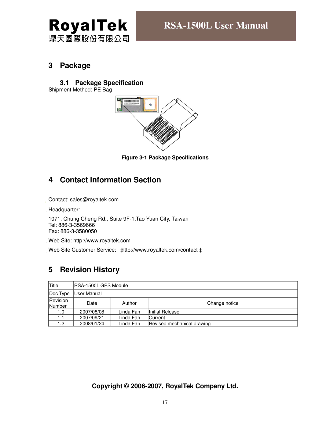 RoyalTek RSA-1500L user manual Contact Information Section, Revision History, Package Specification 