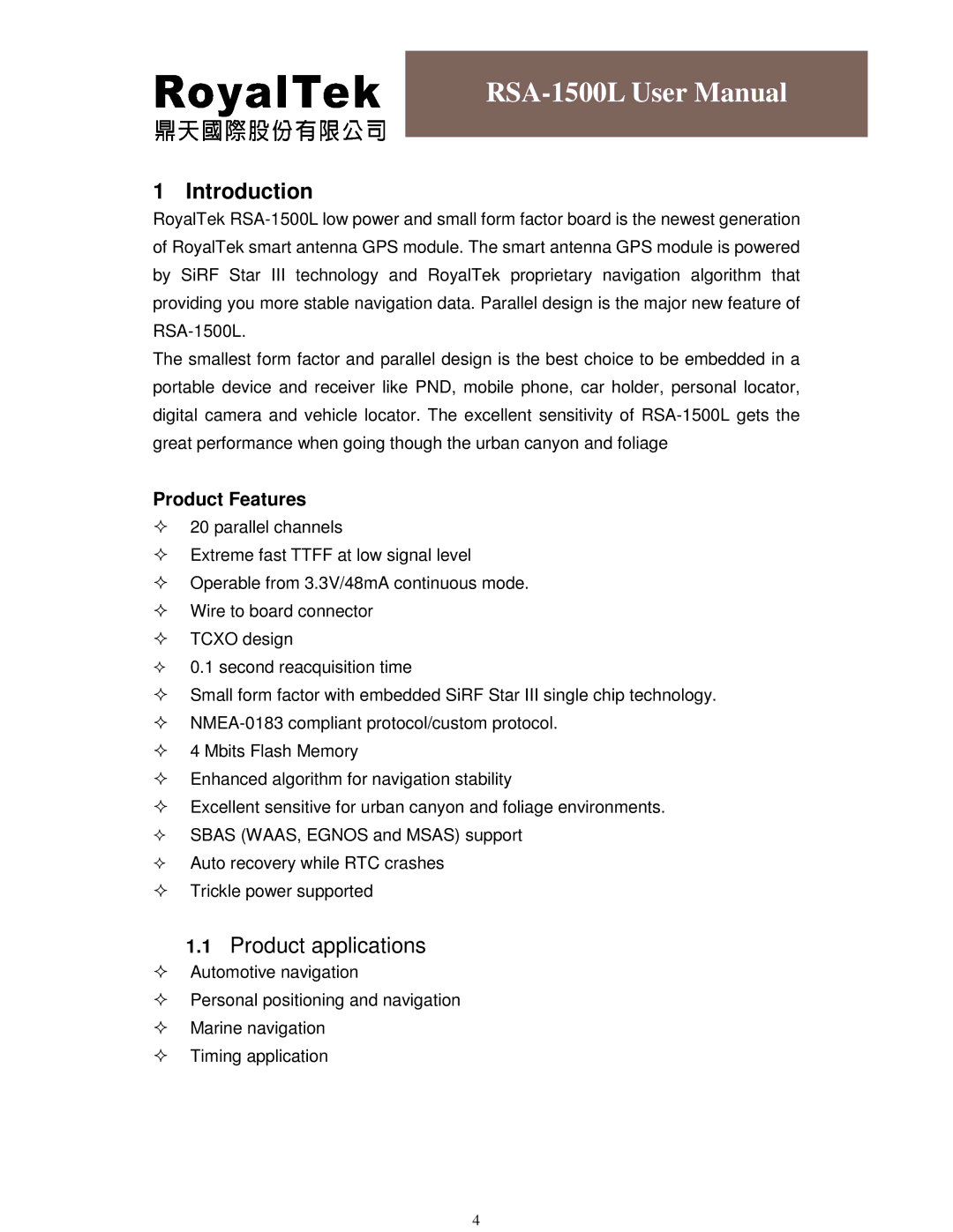 RoyalTek RSA-1500L user manual Introduction, Product Features 