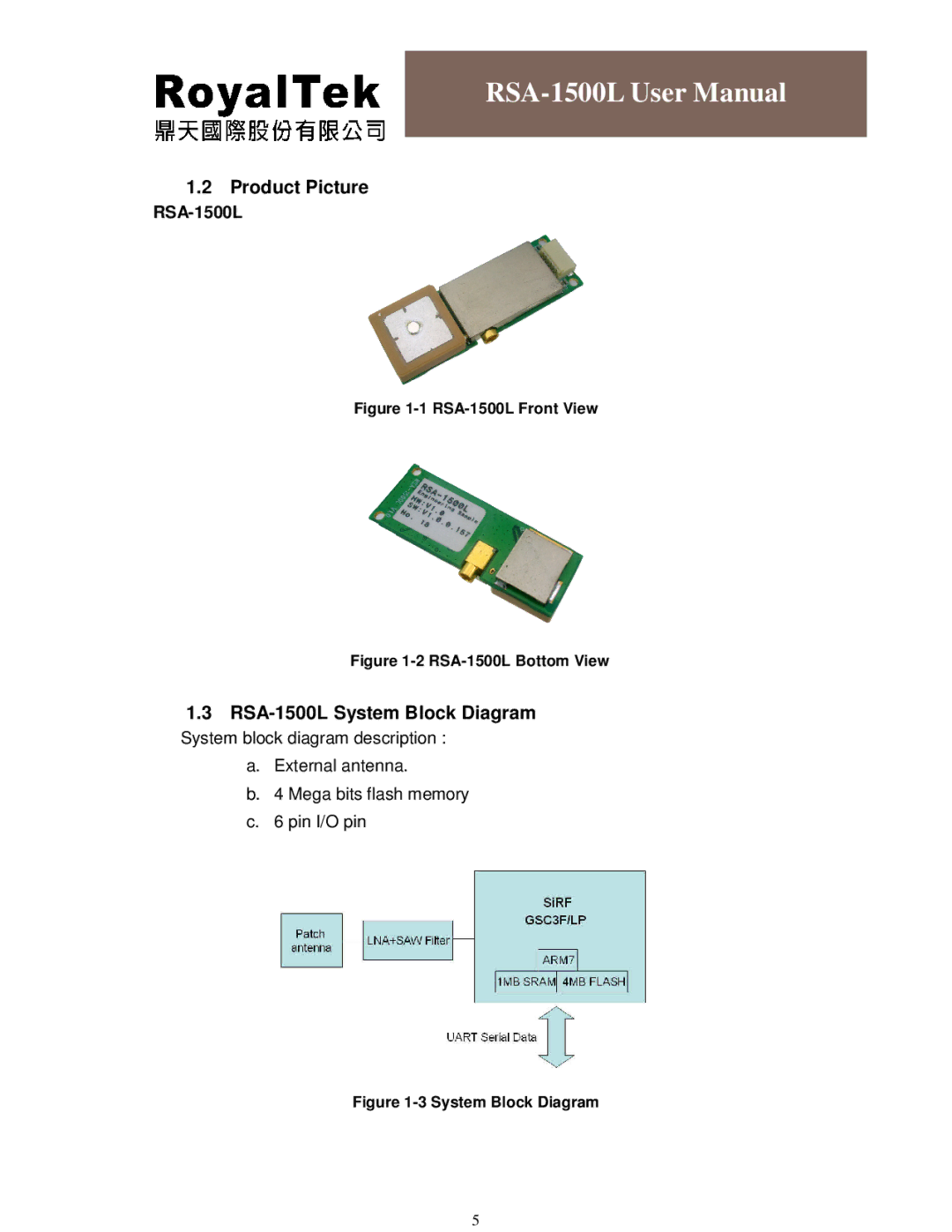 RoyalTek user manual Product Picture, RSA-1500L System Block Diagram 