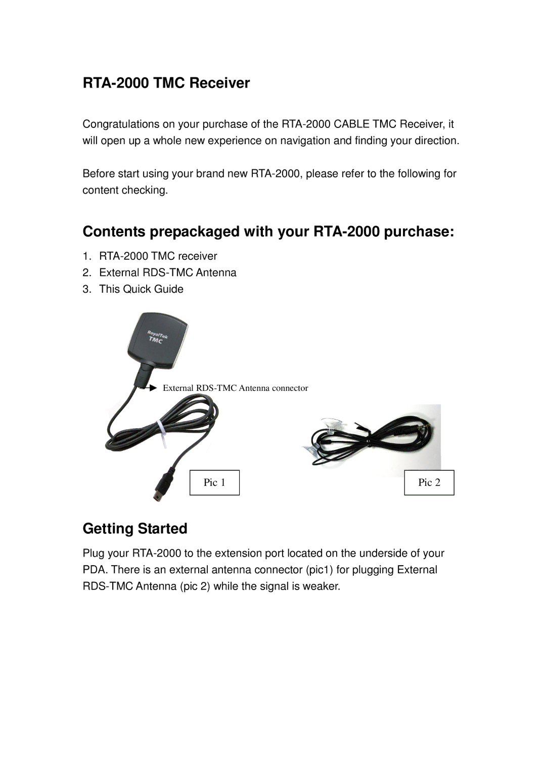 RoyalTek manual RTA-2000 TMC Receiver, Contents prepackaged with your RTA-2000 purchase, Getting Started 