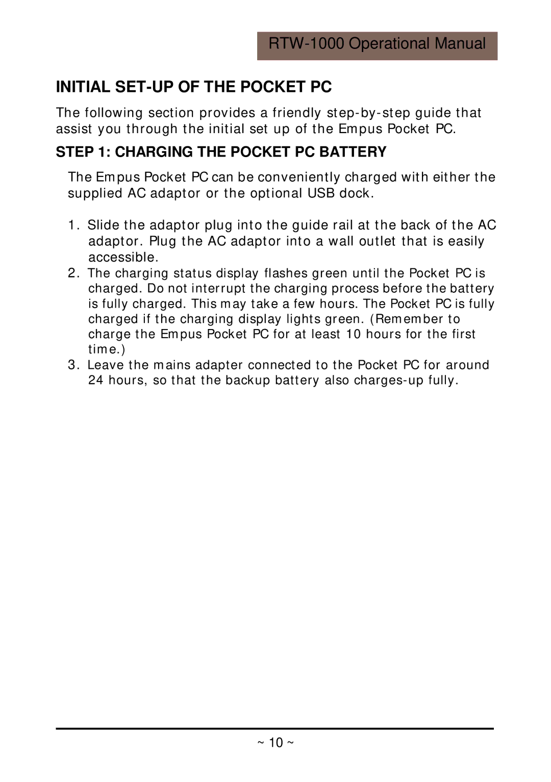 RoyalTek RTW-1000 operation manual Initial SET-UP of the Pocket PC, Charging the Pocket PC Battery 