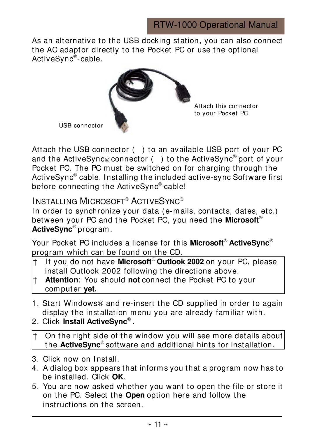 RoyalTek RTW-1000 operation manual Click Install ActiveSync 