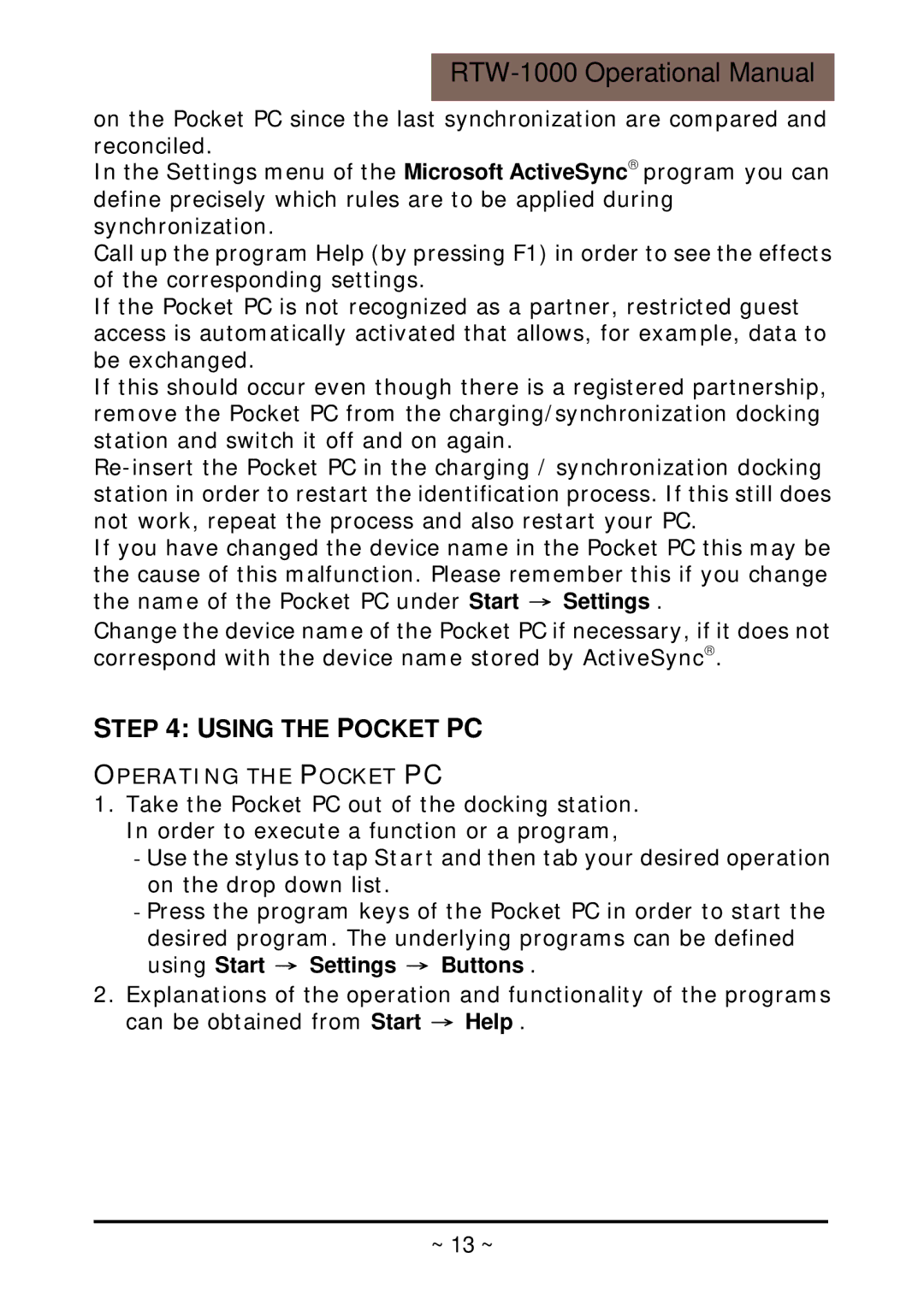 RoyalTek RTW-1000 operation manual Using the Pocket PC, Operating the Pocket PC 