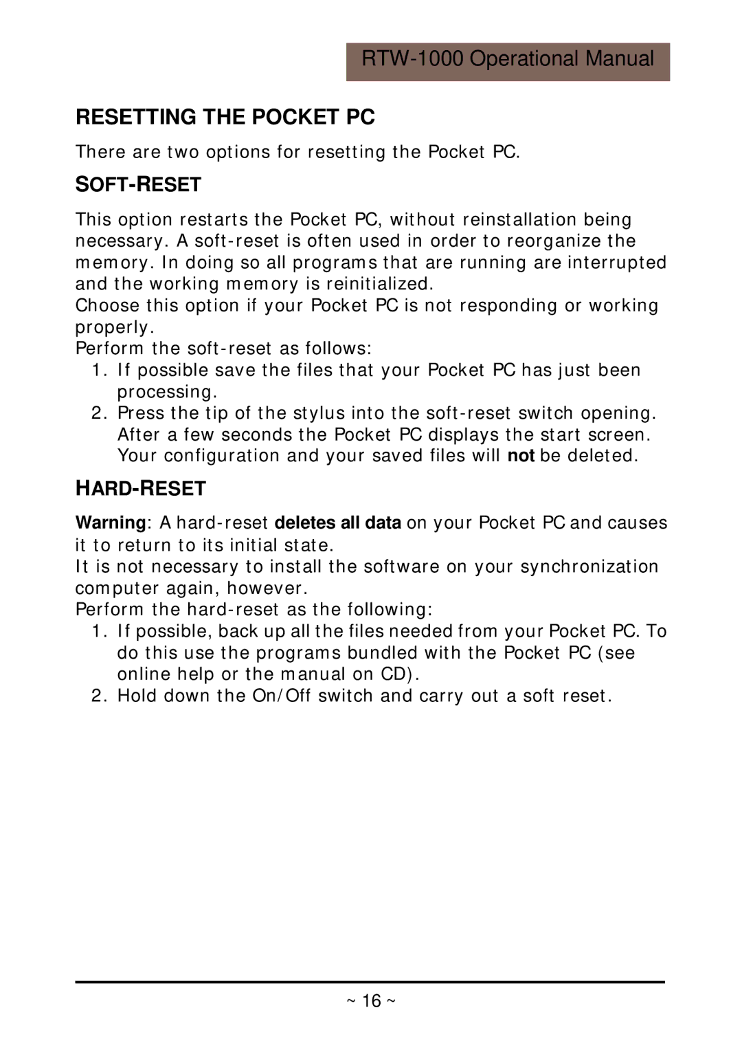 RoyalTek RTW-1000 operation manual Resetting the Pocket PC, Soft-Reset, Hard-Reset 