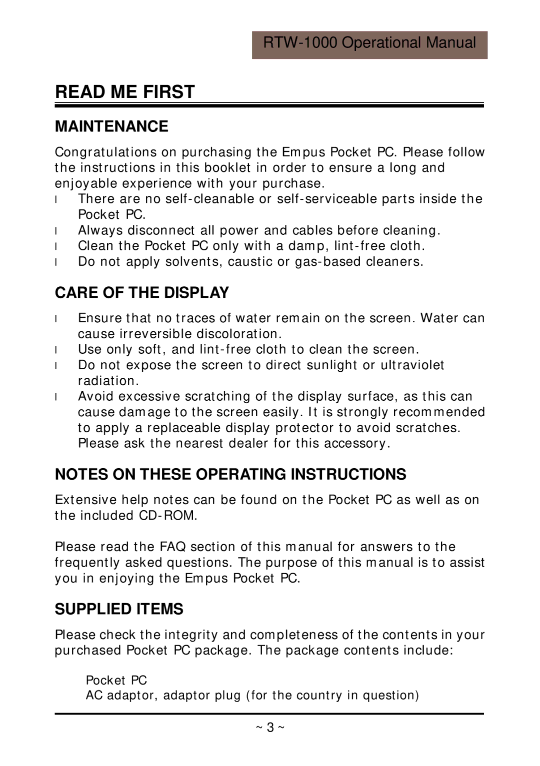 RoyalTek RTW-1000 operation manual Read ME First, Maintenance, Care of the Display, Supplied Items 