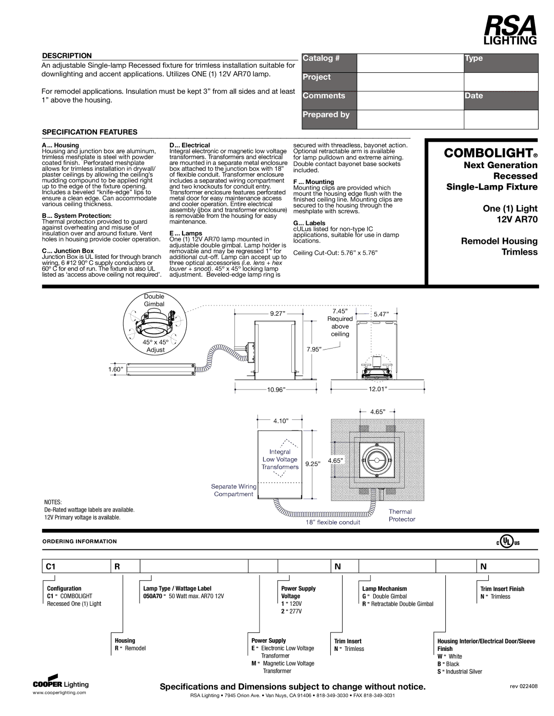 RSA Lighting 12V AR70 specifications Housing, System Protection, Junction Box, Electrical, Lamps, Mounting, Labels 