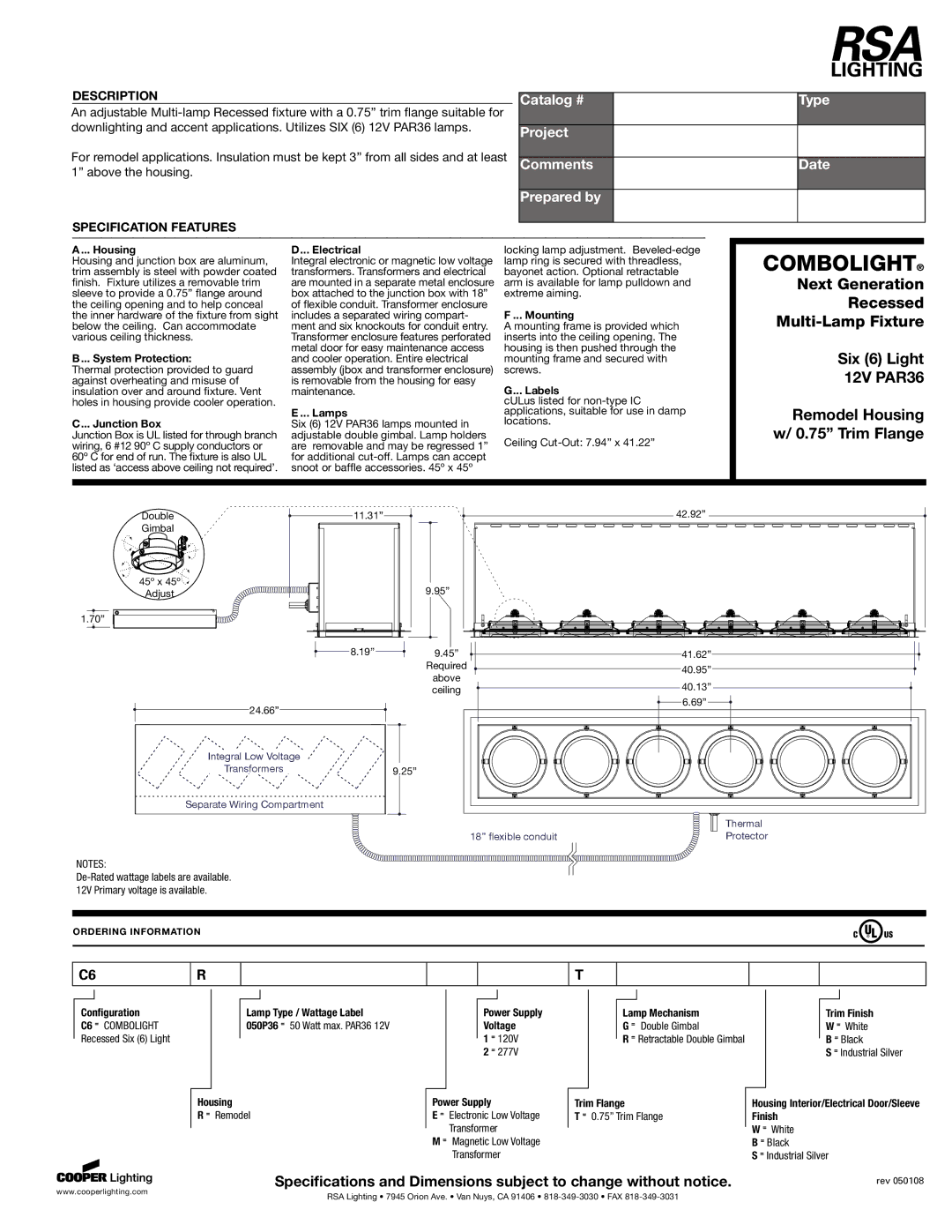 RSA Lighting 150 STD specifications Housing, System Protection, Junction Box, Electrical, Lamps, Mounting, Labels 