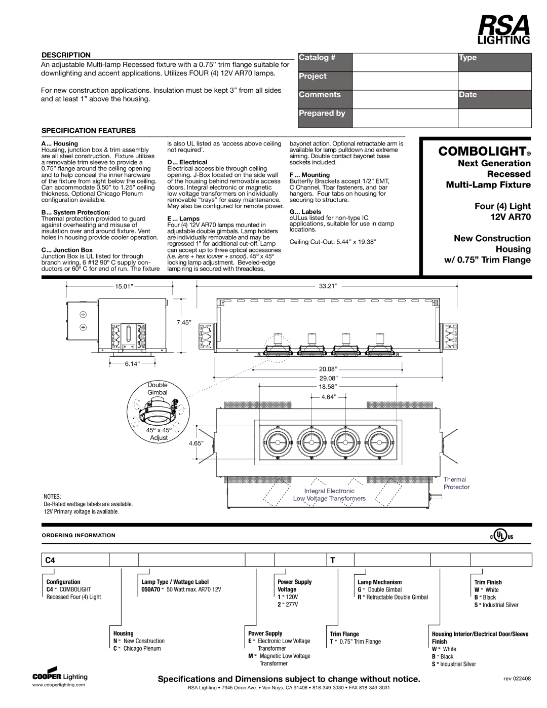 RSA Lighting 195 specifications Housing, System Protection, Junction Box, Electrical, Lamps, Mounting, Labels, Trim Flange 