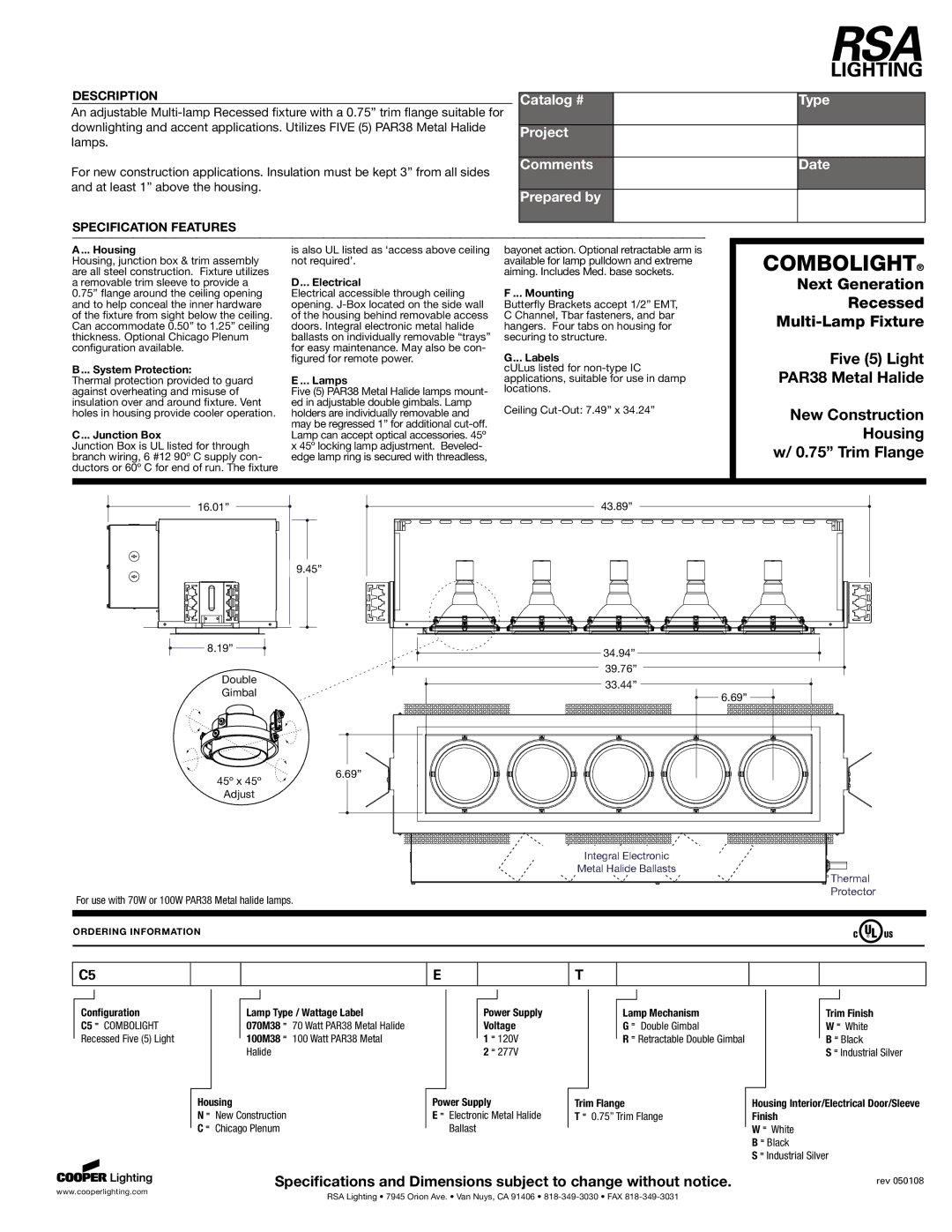 RSA Lighting 2500IFD, 2500EFD specifications Housing, System Protection, Junction Box, Electrical, Lamps, Mounting, Labels 