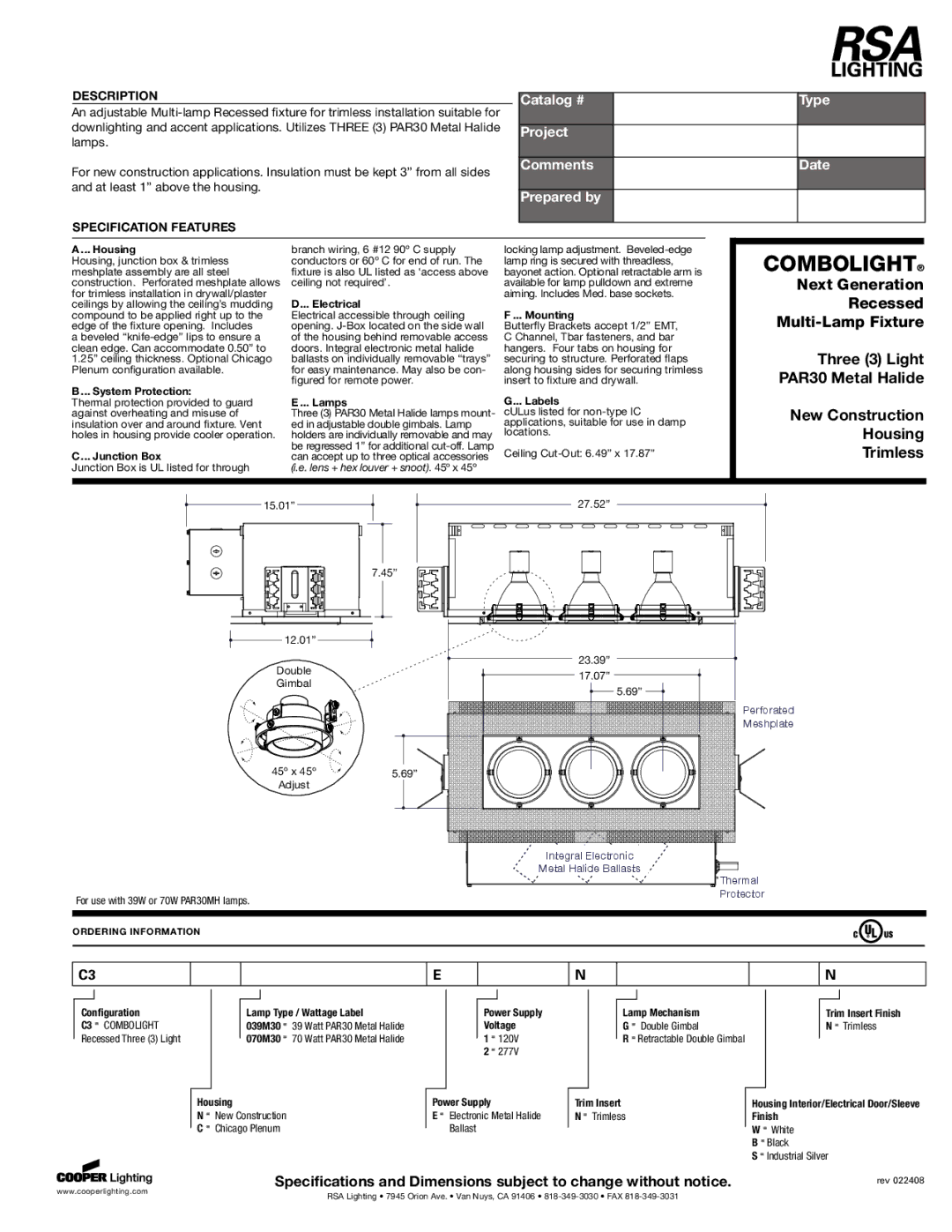 RSA Lighting 60 DHWH, 40 DHWH specifications Housing, System Protection, Junction Box, Electrical, Lamps, Mounting, Labels 